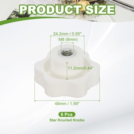 YELARXI Clamping Nuts Knob Plastic Screw-On Iron Star Knobs Knurled M8 Female Threaded Hexagon Head, 1.9 Inch Head Diameter Fit for Lawn Mower Handle Machinery (6 Pack, White)