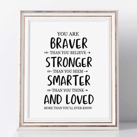 You Are Braver Than You Believe Nursery Decor A.A. Milne Quote Kids Room Wall Art Inspirational Quote Kids Wall Decor Nursery Gift - 8x10 inch No Frame