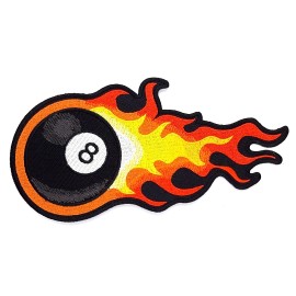 Flaming Eight 8 Ball Iron On Embroidered Large Patch 7"x3 1/2"