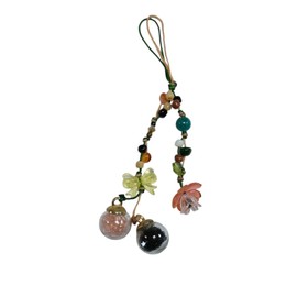 Handmade Beaded Charm with Glass Flower, Bow Beads & Mini Globe Orbs – Boho Keychain with Adjustable Cord | KNOTORA & BLOOM by Darunita (Green & cream)