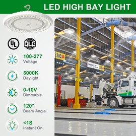 OSTEK UFO LED High Bay Light 240W, 5000K Dimmable Barn Workshop High Bay Lighting Fixture White ETL DLC Listed US Hook 5' Cable (AC100-277V)