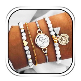 Edary Set of 4 Bracelets with Tassels - White Marble Bracelet with Heart - Adjustable Beaded Hand Chain for Women and Girls
