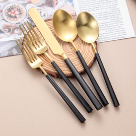 Matte Silverware Set Black Gold Flatware Set Stainless Steel with Heavy Round Handle,20 Pieces Cutlery Set Dessert fork spoon included,Wedding Housewarming Gift Service for 4(Matt black gold)