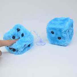 Pair 3” Light Blue with Black Dots Mirror Fuzzy Plush Dice, Light Blue and Black Soft Plush Car Decorative Hanging Ornament