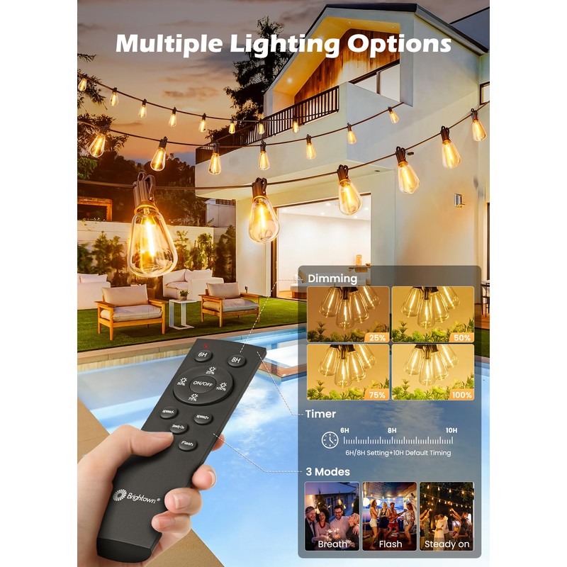 Brightown 108FT Solar String Lights Outdoor Waterproof with Remote, 50+2