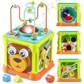 SYNCFUN Wooden Activity Cube, Baby Toys with Music and Light, Montessori Toys for 1+ Year Old,Toddler Educational Learning Birthday Gift for Boys and Girls, Jungle Animal Themed Cube