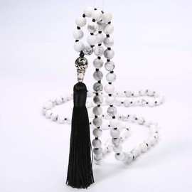 BALIBALI 108 Mala Beads Necklace Semi-Precious Gem Stones Meditation Necklace 108 Hand Knotted Japa Mala Beaded Tassel Necklace with Tree of Life Pendant (Natural White Howlite（Black Tassel）)