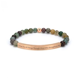 Inspirational Christian Bracelet for Women, Indian Agate Beaded Bible Verse Jewelry, 18K Gold Plated Religious Faith Gift, Scripture Encouragement Jewelry for Her (I can do all things through Christ who strengthens me-Indian Agate Rose Gold)