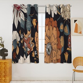 Tyrot Black Boho Floral 100% Blackout Curtains 54 Inch Long 2 Panels Mid Century Modern Botanical Grommet Thermal Insulated Room Darkening Black Out Window Drapes for Kitchen, 52Wx54L