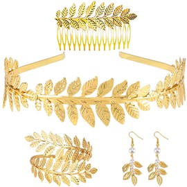 DINGFENG Set of 4 Greek Goddess Costume Jewellery Set, Wedding Bridal Jewellery Upper Bangle Earrings Laurel Wreath Hair Clip Bracelet Golden Wedding Boho Leaf Hair Crown Accessories Girls Women,