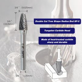 SF-3 Tungsten Carbide Burr Tree Shape Radius End Double Cut Rotary Burr File with 1/4'' Shank, 1pc
