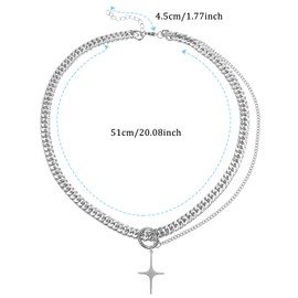 Mabor Silver Y2k Irregular Necklace Retro Cross Star Pendant Double Chain Necklace Titanium-Steel Adjustable Hip Hop Grunge Layered Chain Gifts Accessories for Women Men