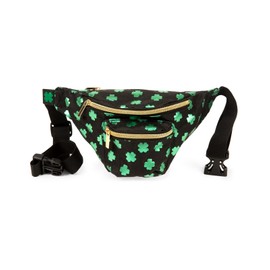 Tipsy Elves St Patrick's Day Fanny Pack - Large Unisex Zipper Pocket Travel Bag - Adjustable Strap Belt Bag Men Women, Metallic Clover (Black), One Size, Metallic Clover