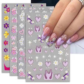 4 Sheets 5D Embossed Nail Decals for Manicures Art Self-Adhesive Love Heart & Colorful Daisy Elements Pattern Nail Polish Stickers Gel Manicures Stencils Decoration Accessories
