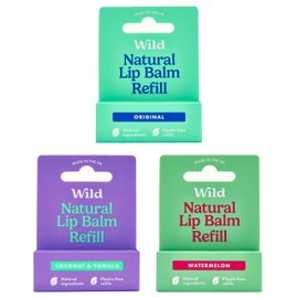 Wild - Natural Refillable Lip Balm - 3 Pack of Lip Balm Refills in a Variety of Scents - Includes Original, Coconut & Vanilla and Watermelon Flavours - Beeswax Free