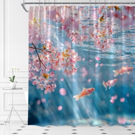 MSAYNFG Cherry Blossom Shower Curtain Modern Koi Fish Water Floral Asian Nature Scenery Sunny Fantasy Fabric Bathroom Decor Set with Hooks(70" Wx70 H)