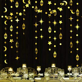 Gold Eid Mubarak Ramadan Decorations Hanging Star Moon Circle Dot Crescent Lamp Garland Streamer Backdrop Banner Decorations for Home Happy Ramadan Lesser Bairam Islam Muslim Wedding Birthday Party