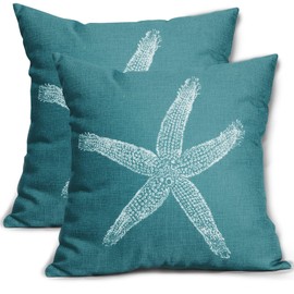 Teal Starfish Pillow Covers 18X18 Inch Coastal Beach Style Throw Pillows Home Decor for Bedroom Living Room Sofa Linen Decorative Pillowscase Square Cushion Cover, Set of 2