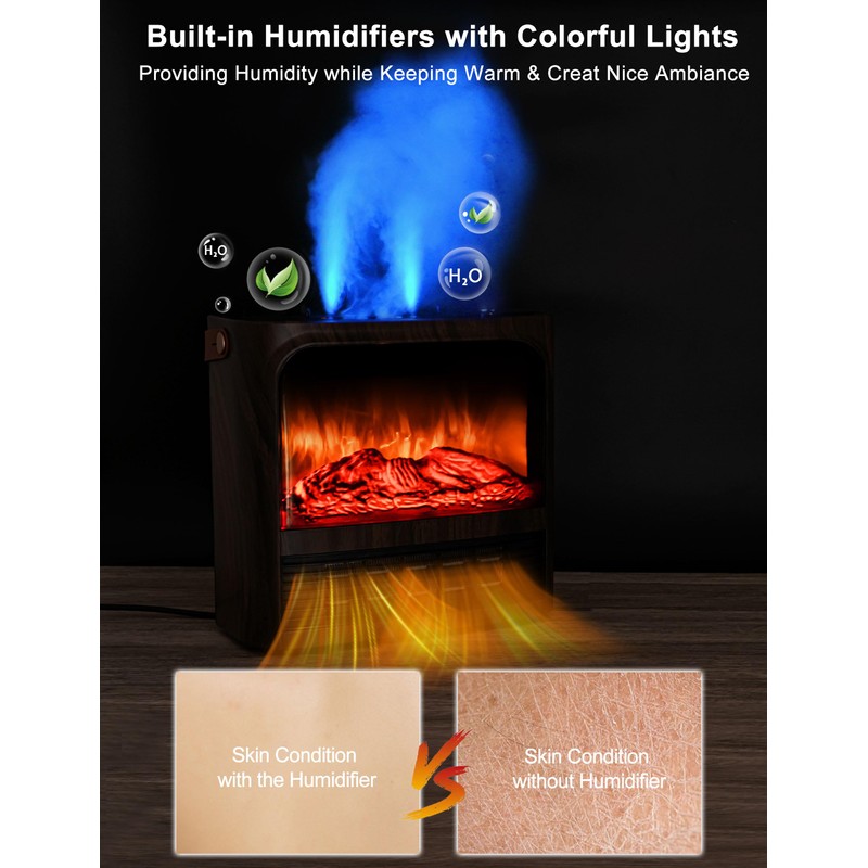 Electric Fireplace Heater with 3D Realistic Flame, Humidifier, Thermostat, Safety
