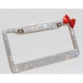 OTOSTAR 7 Row Pure Handmade Waterproof Bling Bling Rhinestones Stainless Steel Metal License Plate Frame with 2 Holes with Matching Screws Caps (White Stones with red Bowknot)