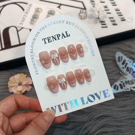 TENPAL French Tip Press on Nails Short Oval,Blush Pink Checkered Fake Nails with Hand-Painted 3D Pearl Bows,Ballerina Sweet False Nails Reusable Full Manicure Kit 10pcs Ballerina Sweet Nails(XS)