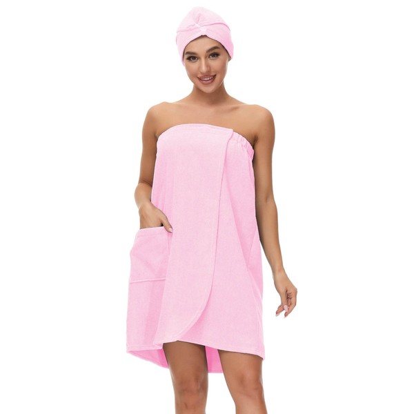 Verve Jelly Women's Towel Dress Bath Wrap Set with Hair Towel Spa Shower Body Wrap Towel Robe Pink XXL