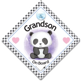 Grandson On Board Sign, Baby Panda On Board Sign, High Visibility Advisory Suction Cup Car Window Sign Designed to Let Other Road Users Baby is in The Car, 14 cm x 14cm x 2cm