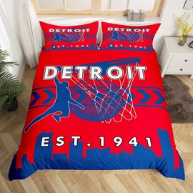 Juego de funda de edredón de baloncesto para niños, tamaño individual, juego de pelota deportiva moderno, juego de pelota roja y azul, decoración de habitación de niños, funda de edredón de Detroit