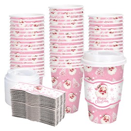 JarThenaAMCS 50Pcs 16Oz Pink Christmas Disposable Coffee Cups with Lids and Straws Cute Santa Xmas Tree Paper Drinking Cups for Winter Birthday Party Supplies