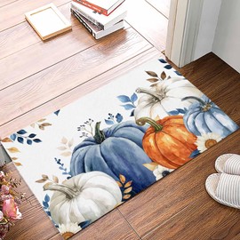 Fall Doormat Thanksgiving Indoor Doormat Front Door Mat, Blue White Pumpkin Eucalyptus Leaf Daisy Thanksgiving Welcome Mat Entrance Door Mat Seasnoal Fall Harvest Low Profile Floor Mat (20" x 31.5")