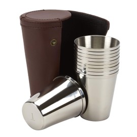 10 small stainless steel tumblers / tot cups (4fl oz) - numbered on the bottom for drinks and as a peg finder - approx 4.5"/12cm tall - ideal for a jacket pocket - comes in a leather stud case (3385)