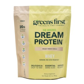 Greens First Dream Protein Powder Whey - 20g Protein Per Serving - Hormone-Free with Prebiotics - Non-GMO - No Artificial Sweeteners/MSG/Aspartame (Creamy French Vanilla, 26.5 oz)