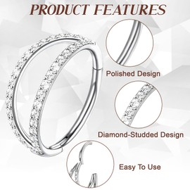 SGQTZDZQ 2PCS Titanium Nose Ring, Septum Ring Diamond Setting Process, 8MM Thin Nose Rings for Birthday Party Camping