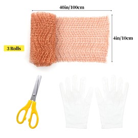 Copper Mesh, Pure Copper Wire Mesh, Hole Filler, Hole Sealer, Woven Copper Mesh Rolls with Graduated Scissors and Gloves for Garden and House, Size 3.8" x 40" (3 Rolls)