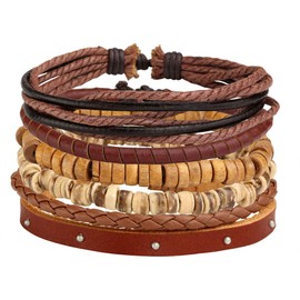 Manfnee Braided Leather Bracelet for Men Women Wooden Beads Cuff Wrap Bracelet Adjustable Pack of 6, 7 9 inch, Leather