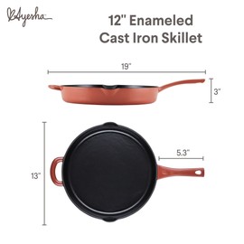 Ayesha Curry Kitchenware Enameled Cast Iron Skillet/Frying Pan with Helper Handle and Pour Spouts, 12 Inch - Redwood Red