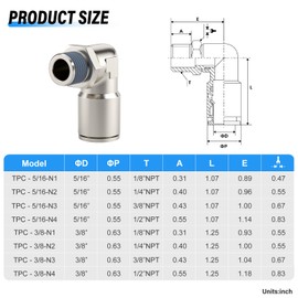 TAILONZ PNEUMATIC Elbow 3/8 Inch Tube OD x 1/4 Inch NPT Thread Push to Connect Fittings Copper Nickel Plating TPL-3/8-N2 (Pack of 5)