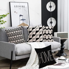 Fukeen Home Geometric Set of 4 Throw Pillow Covers Modern Accent Decorative 18x18 Inch Black White Grey Arrow Stripes Wave Abstract Pattern Pillow Cases Cushion Cover for Living Room Bed