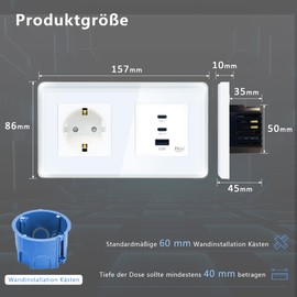 TAWOIA Schuko Socket with 65 W Type C and USB Quick Charging Interface for Mobile Phones, Tablets and Laptops, 1 Compartment Flush-Mounted with 2.5D Curved Glass Plate, Wall Sockets, White, 86 x 157