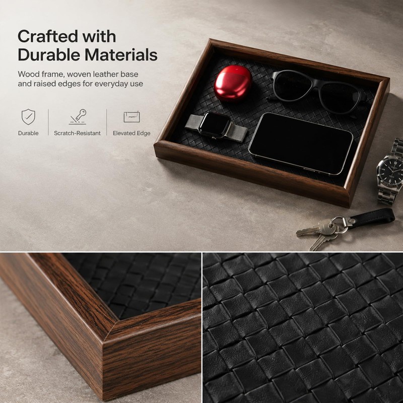 Wooden Valet Tray, 12X8 Inch Desk Organizer with Leather Base,