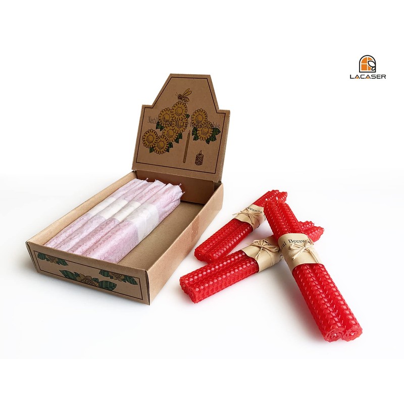 Lacaser Natural Beeswax Red Taper Candles Bulk Pack of 14