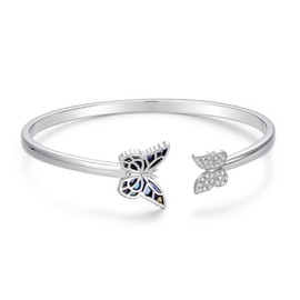 QKABTI Butterfly Abalone Shell Cuff Bracelet 925 Sterling Silver Adjustable Bohemian Bangle, Mother of Pearl Jewelry Birthday Gift for Her