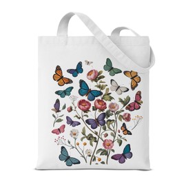 QYCFDXD Vintage Butterfly Canvas Tote Bag for Women Butterflies and Flowers Print Reusable Grocery Shoulder Bag for Travel Shopping Beach