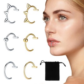 JEYORZY Pack of 6 Stainless Steel Nose Piercing, Nose Ring, Lip Piercing, Smiley Piercing, Septum Piercing, Fake Piercing, Fake Septum, Fake Nose Ring Gold, Silver