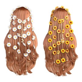 2Pcs Flower Hippie Headband Floral Crown Adjustable Summer Sunflower Hair Headwear Accessories Bohomia Feather Rope Crown Headdres for 70 s Bohemian Costumes Style (Yellow+White)