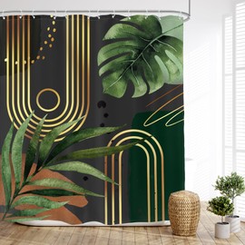 Glawry Dark Green Gold Boho Mid Century Shower Curtain Abstract Tropical Plant Minimalist Modern Geometric Palm Leaf Bathroom Simple 60Wx72L Inches Bath Accessories Art Home Decor Fabric 12 Pack Hooks