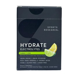 Sports Research® Hydrate Electrolytes Powder Packets - Sugar-Free & Naturally Flavored with Vitamins, Minerals, and Coconut Water - Supports Hydration - 16 Packets - Lemon Lime