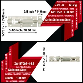 ZhongWang Hardware BT002 4 Inches Barrel Bolt Lock, Premium Thickened Door Latch Lock, Stainless Steel Slide Latch Lock with 12 Screws, 2 Pack Slide Lock