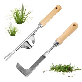 Lotvic Grout Scraper, 2 Pieces Stainless Steel Weeder with Root Weeder, Manual Weeder, Stainless Steel Manual Weeder Fork, Weeder with Wooden Handle, for Garden for Digging, Transplanting, Weeding