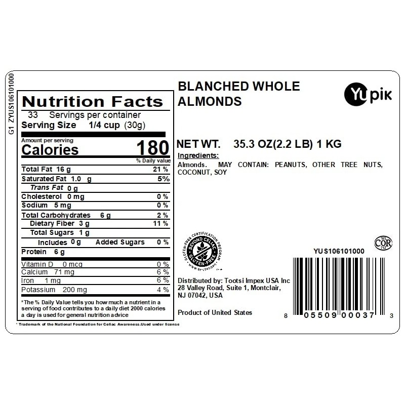Yupik Whole Blanched California Almonds, 2.2 lb, Pound (Pack of